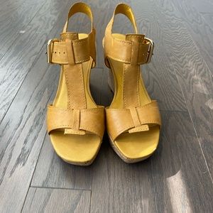 Franco Sarto Mustard Yellow Cork Wedge Sandals